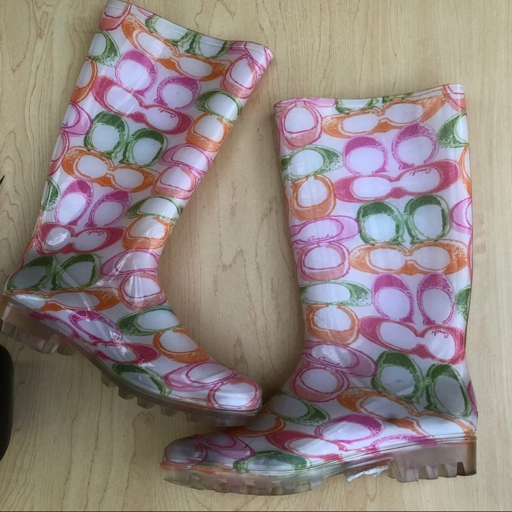 COACH PINK GREEN ORANGE WHITE LOGO RUBBER RAIN BOOTS VINTAGE Y2K DESIGNER SZ 6